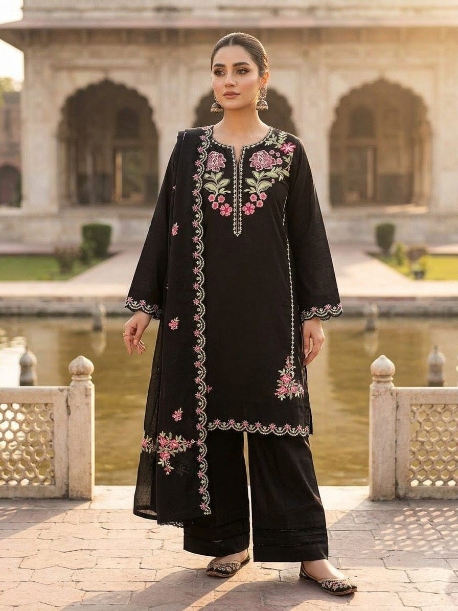 Elegant Black Embroidered 3-Piece Women’s Suit with Dupatta