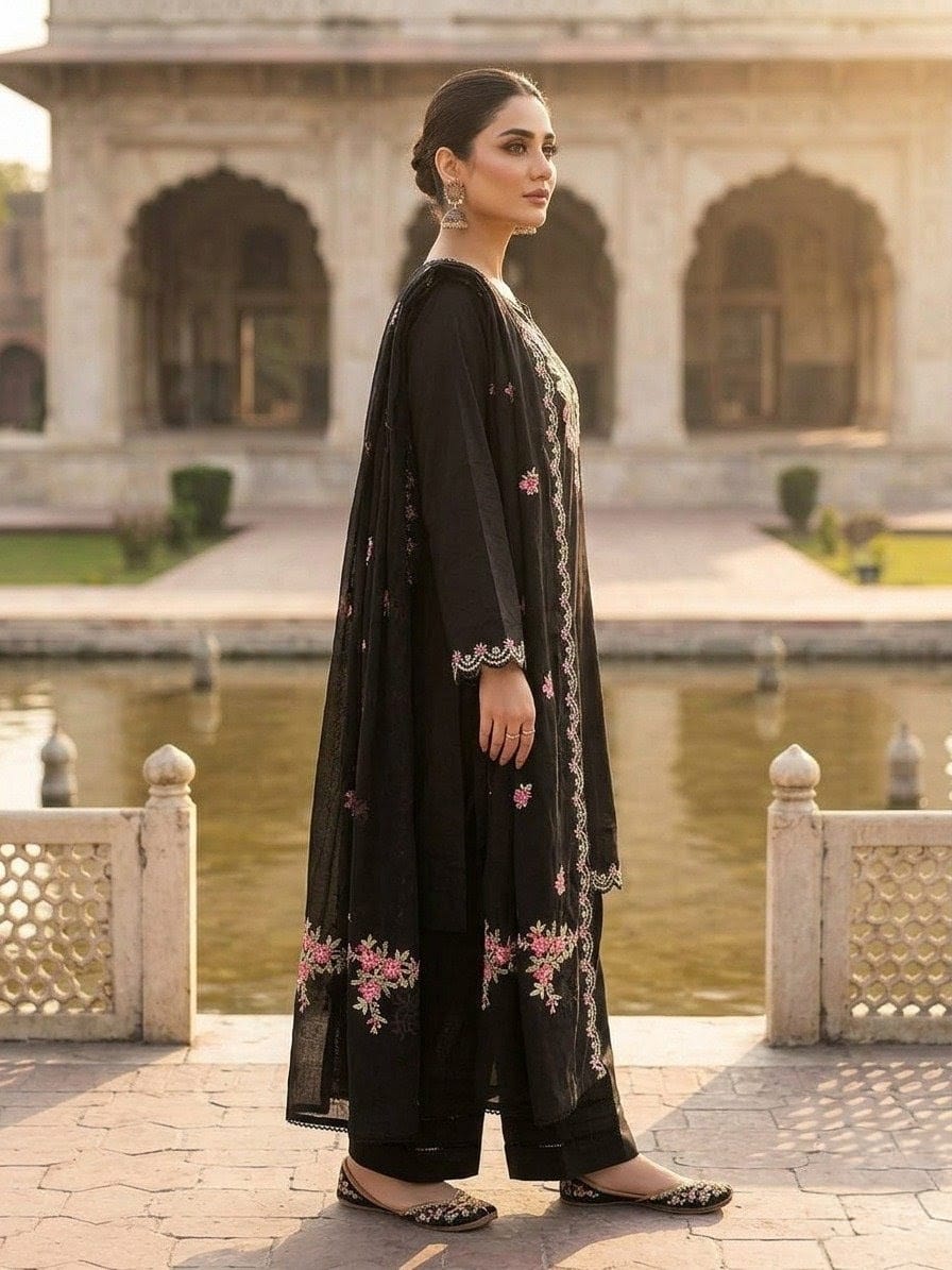 Elegant Black Embroidered 3-Piece Women’s Suit with Dupatta