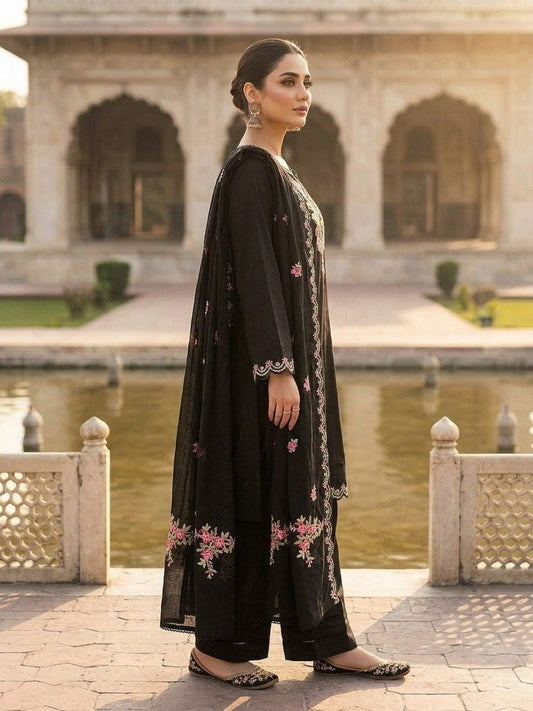 Elegant Black Embroidered 3-Piece Women’s Suit with Dupatta