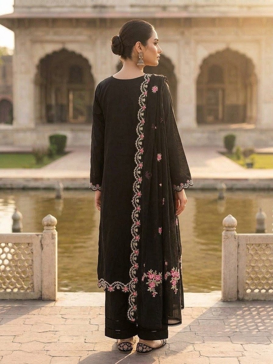 Elegant Black Embroidered 3-Piece Women’s Suit with Dupatta