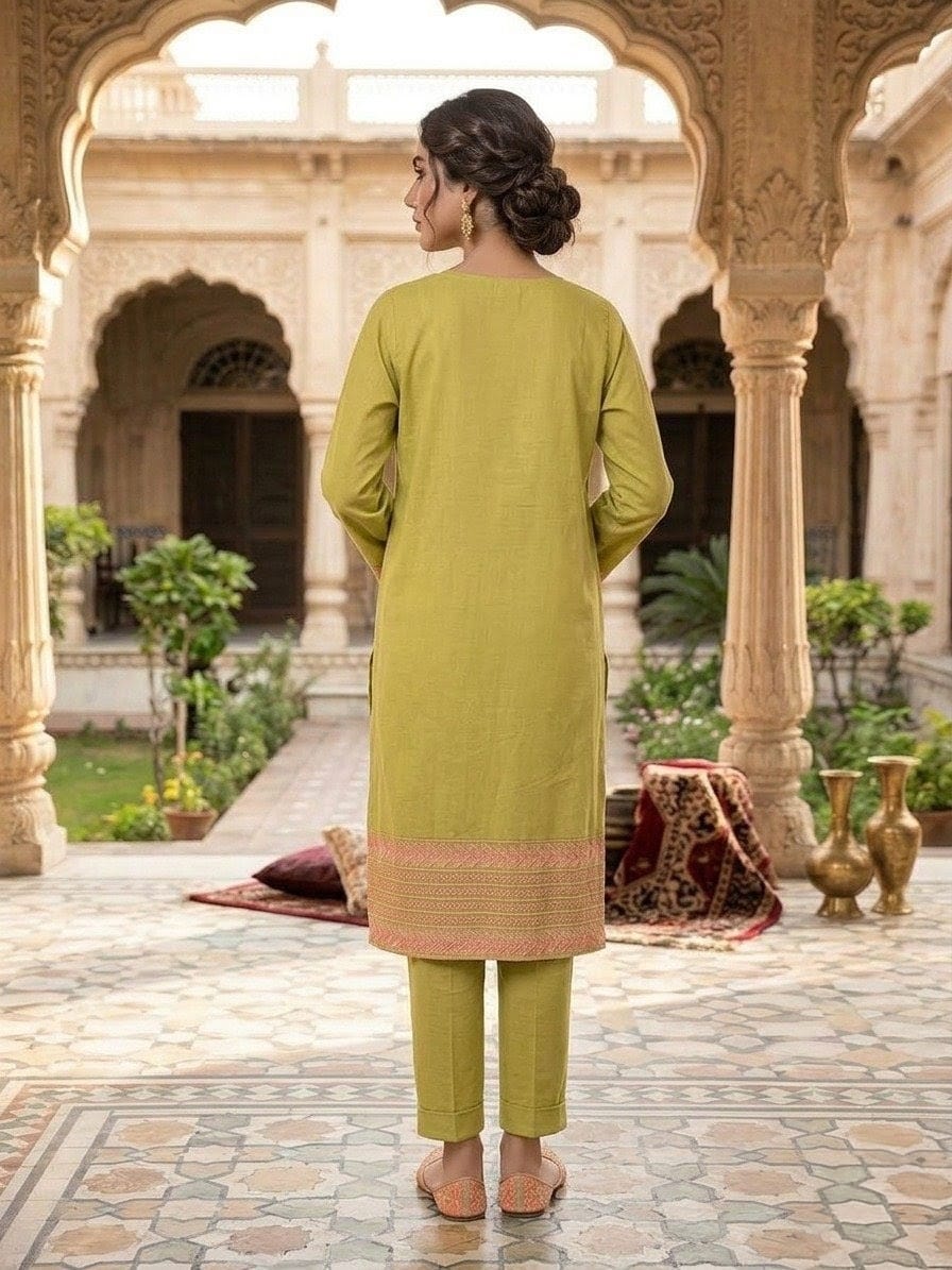 Elegant Olive Green Embroidered 2-Piece Women’s Suit
