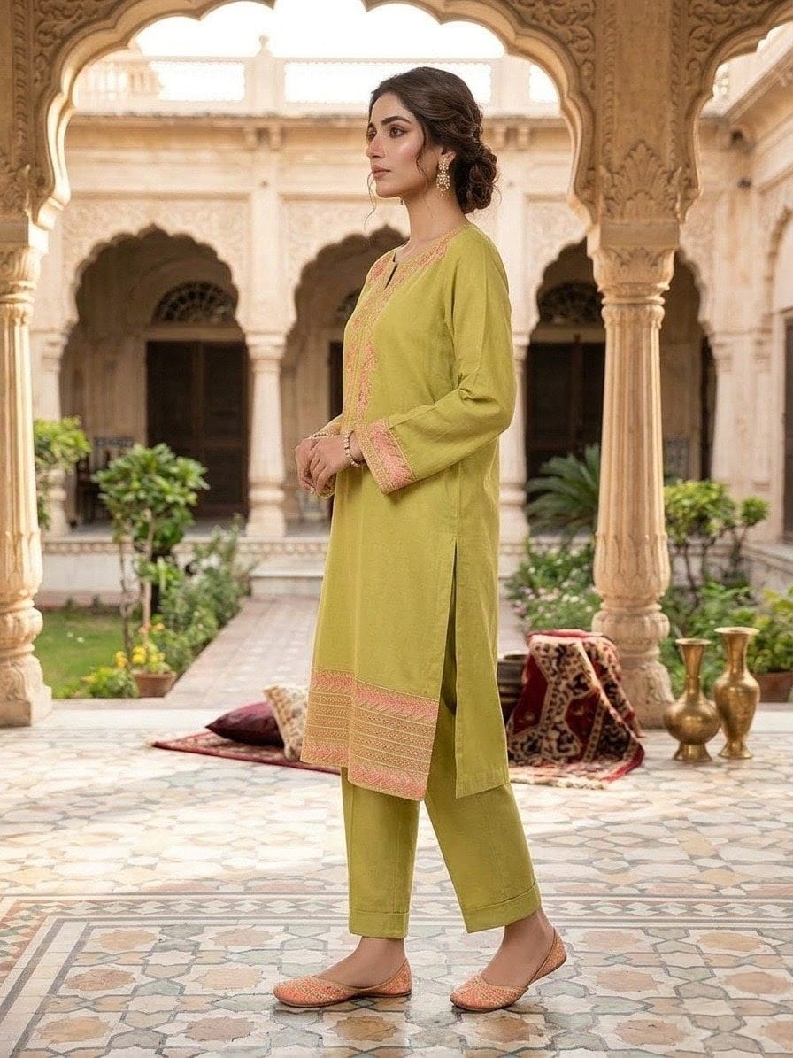 Elegant Olive Green Embroidered 2-Piece Women’s Suit