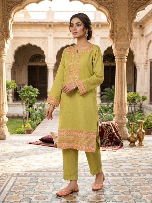 Elegant Olive Green Embroidered 2-Piece Women’s Suit