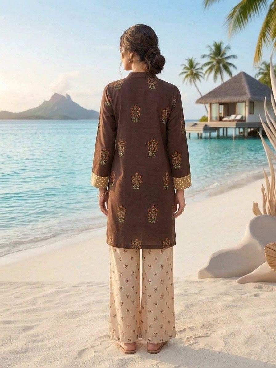 Elegant Brown Printed 2-Piece Women’s Suit