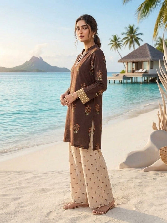 Elegant Brown Printed 2-Piece Women’s Suit