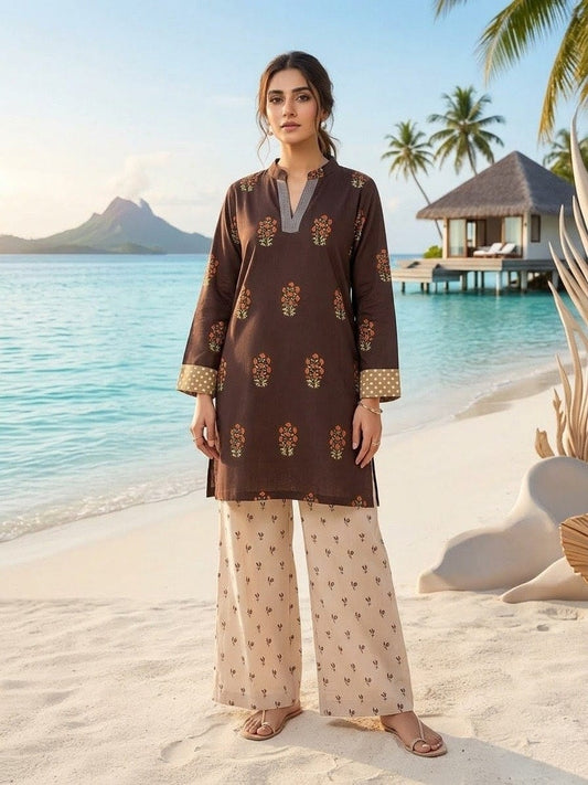 Elegant Brown Printed 2-Piece Women’s Suit