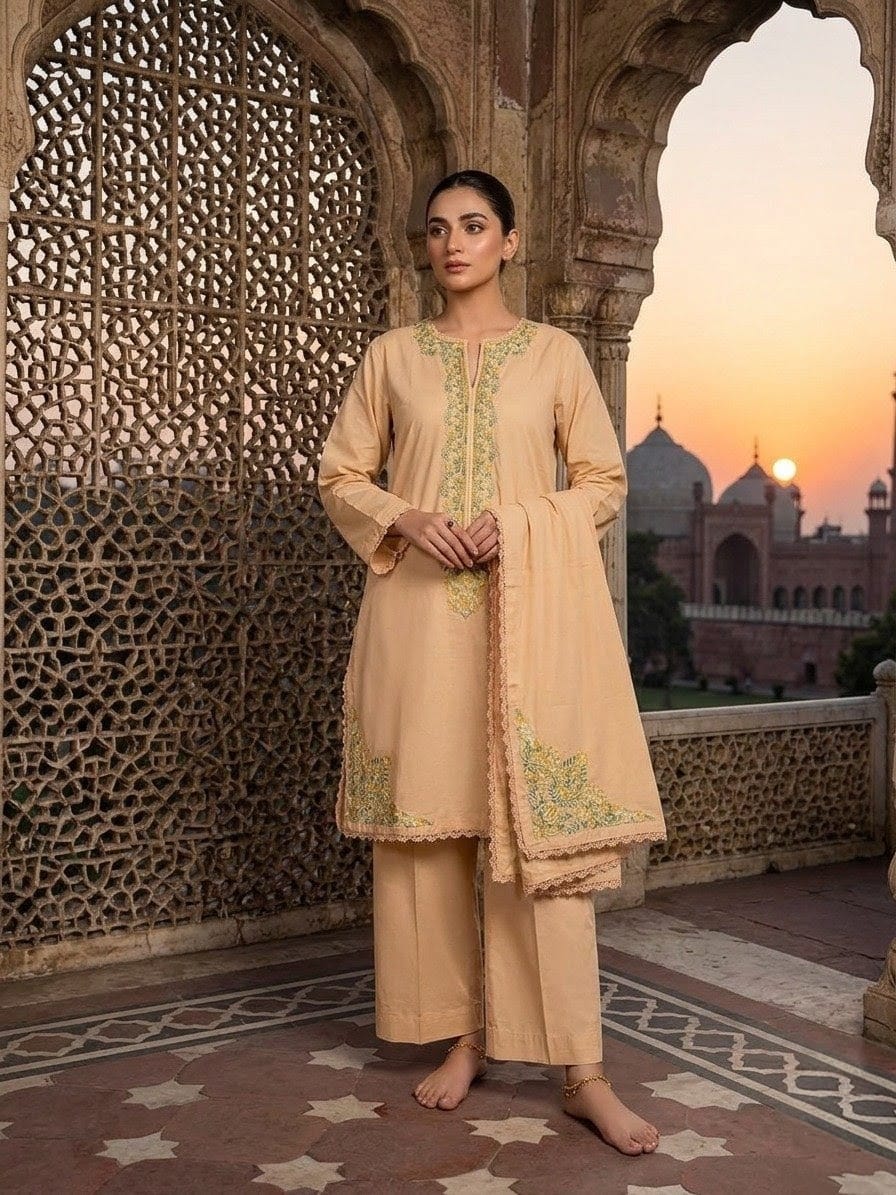 Elegant Peach Embroidered 3-Piece Women’s Suit with Dupatta