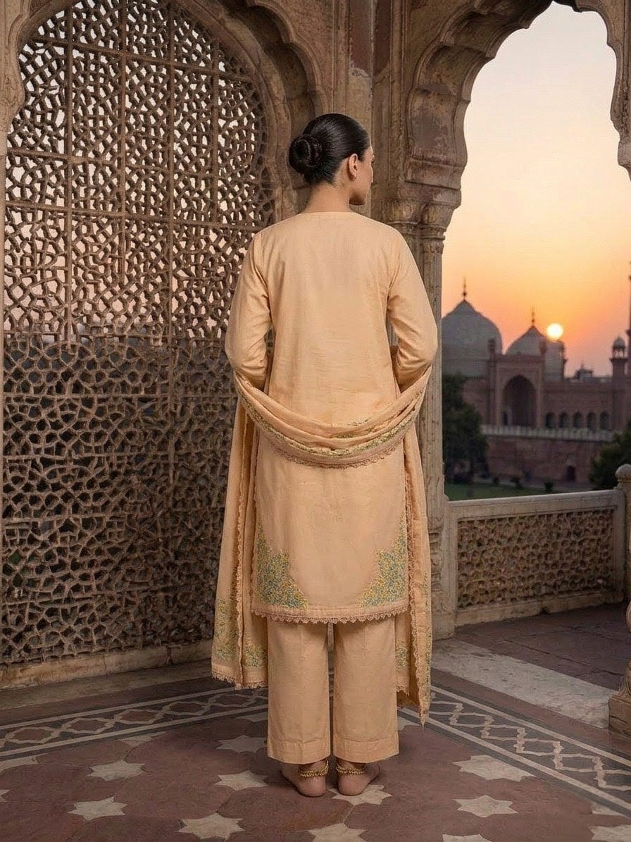 Elegant Peach Embroidered 3-Piece Women’s Suit with Dupatta