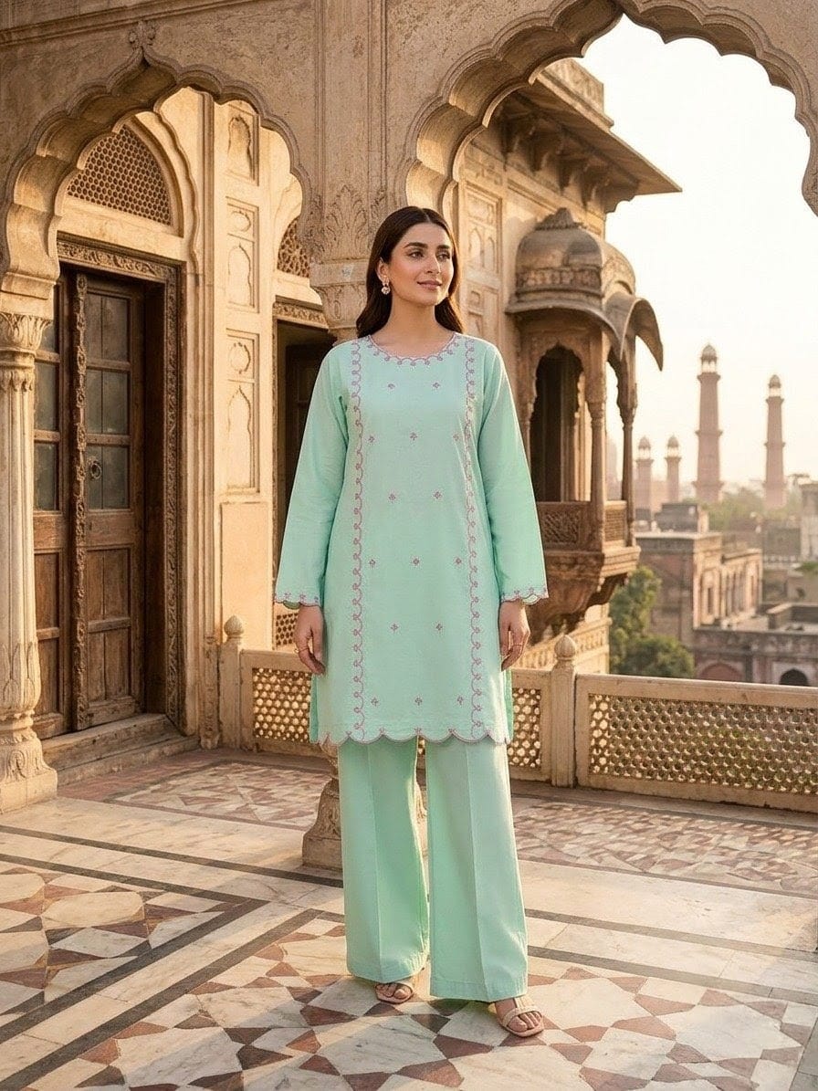 Elegant Mint Green Embroidered 2-Piece Women’s Suit