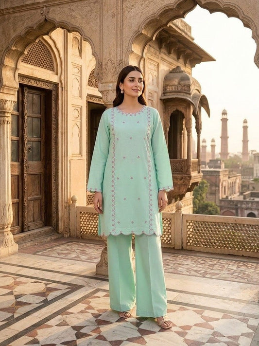 Elegant Mint Green Embroidered 2-Piece Women’s Suit