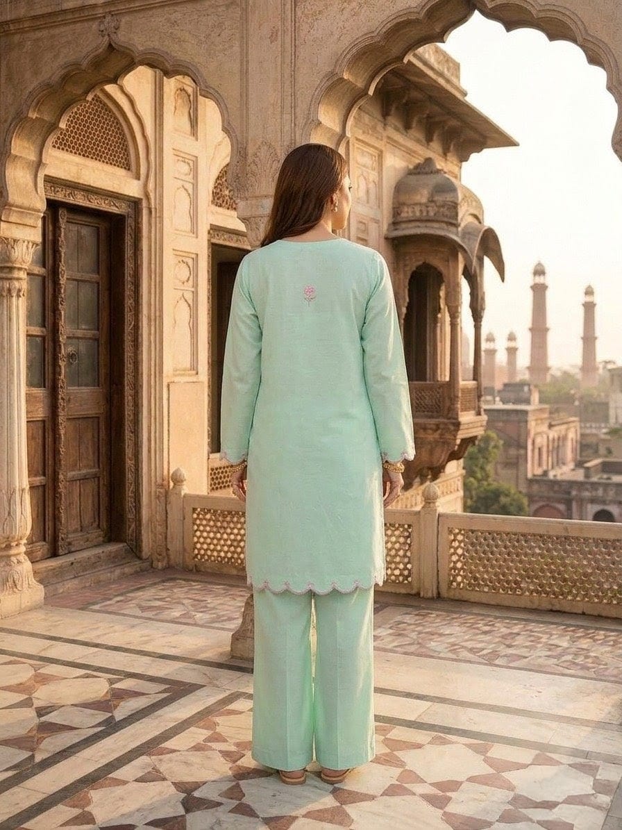 Elegant Mint Green Embroidered 2-Piece Women’s Suit