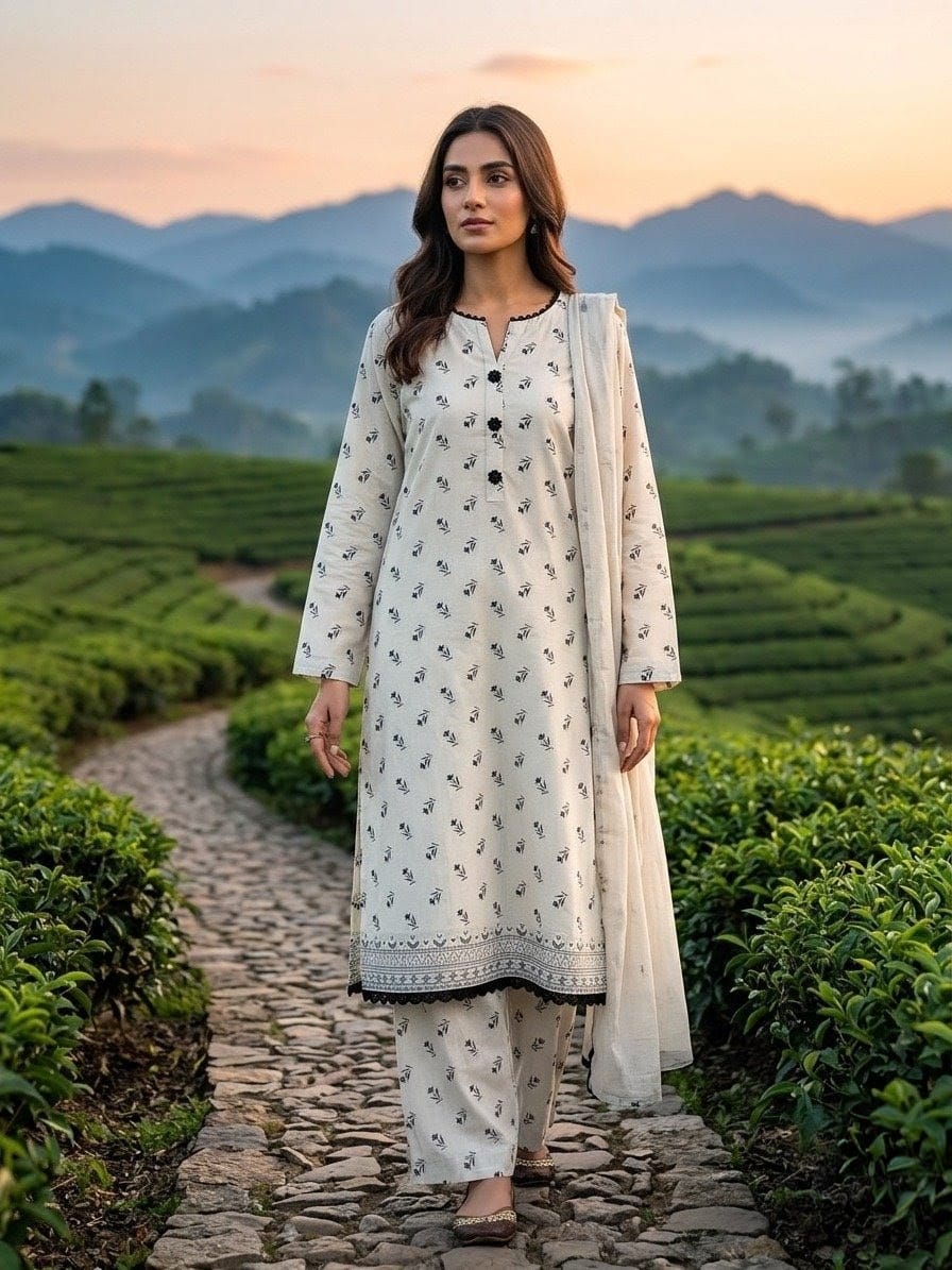 Elegant Ivory Printed 3-Piece Women’s Suit with Dupatta