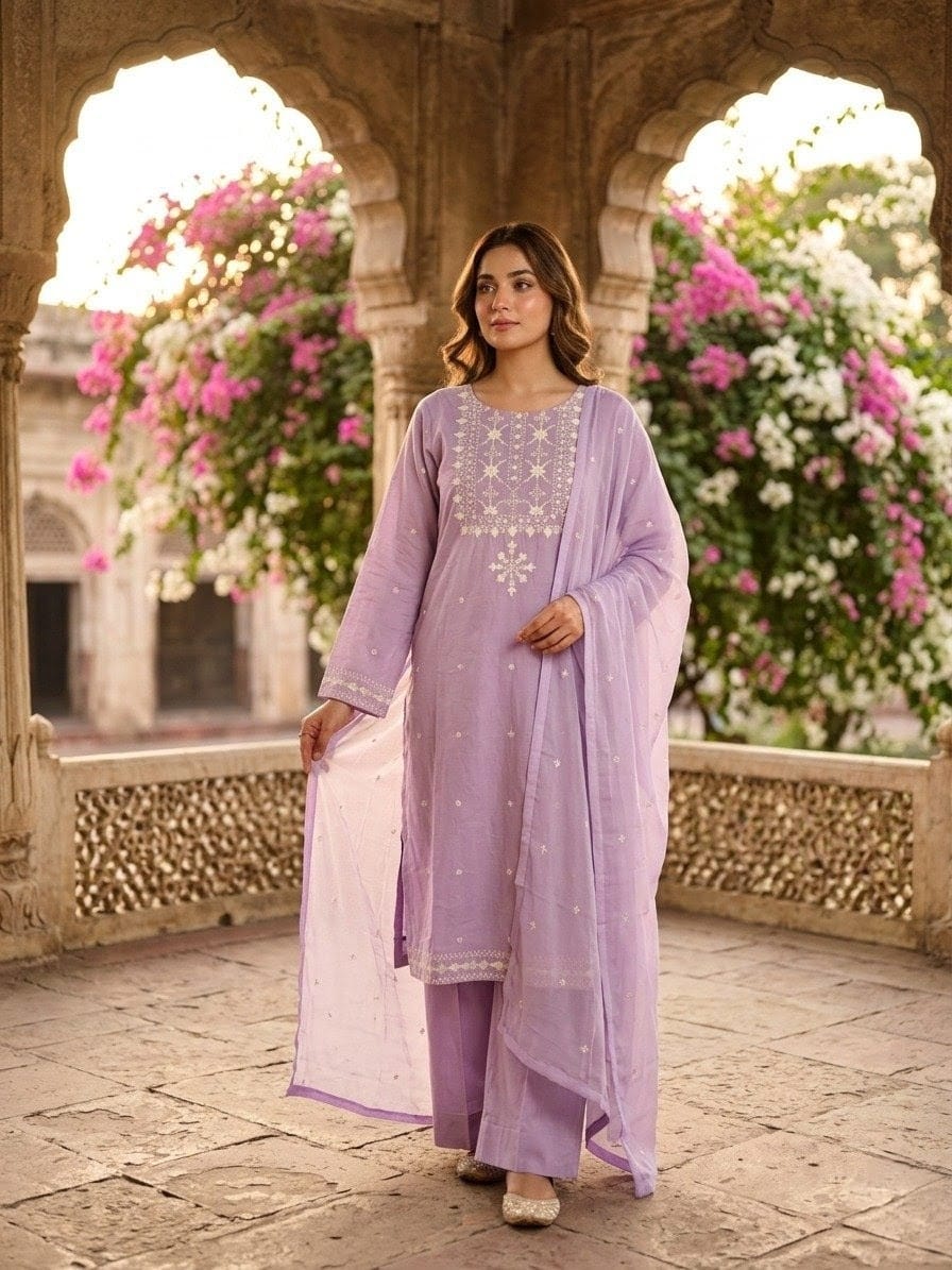 Lavender Elegance Embroidered 3-Piece Lawn Suit for Women